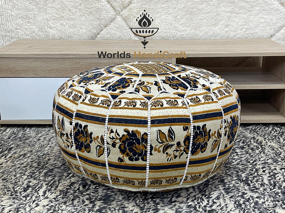 Colored Moroccan Tissu Leather Pouf In Living Room : Premium Leather Pouf