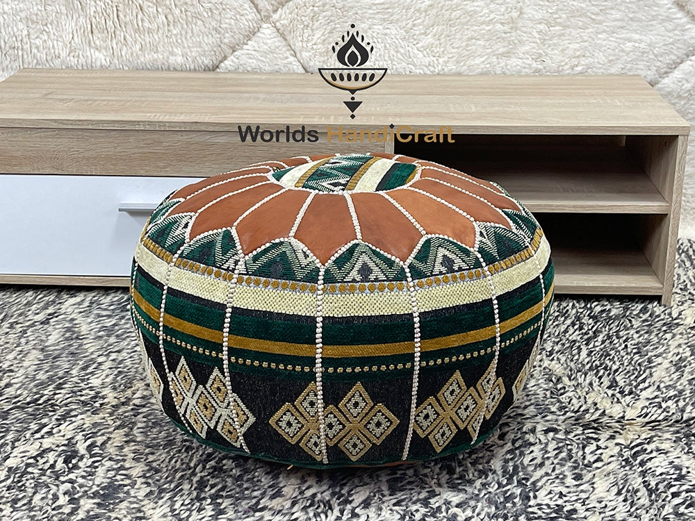 Brown Tissu Moroccan Leather Pouf Brown : Leather Pouf Cushion