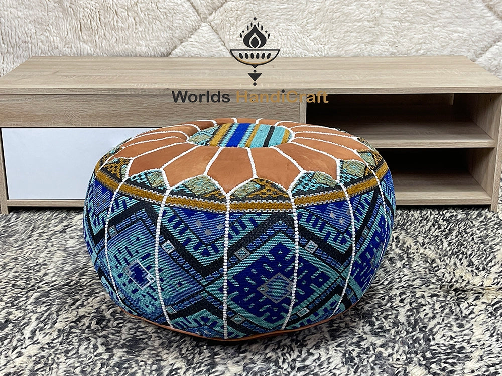 Blue/Brown Genuine Leather Moroccan Pouf Leather : Stylish Leather Pouf