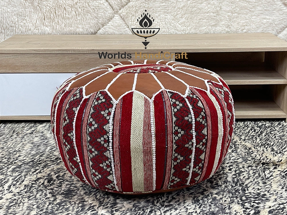 Colored Leather Tissu Moroccan Pouf : Traditional Leather Pouf