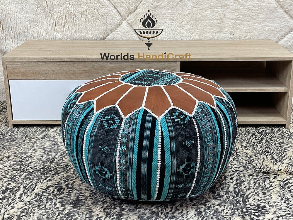 Blue Leather Tissu Moroccan Pouf : Modern Leather Pouf