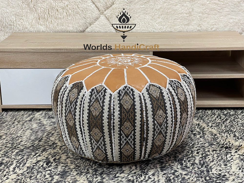 Azilal Genuine Leather Tissu Moroccan Pouf : Luxury Leather Pouf