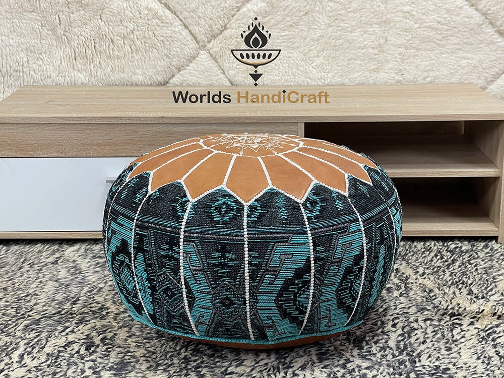 Brown/Blue Genuine Leather Moroccan Pouf Leather