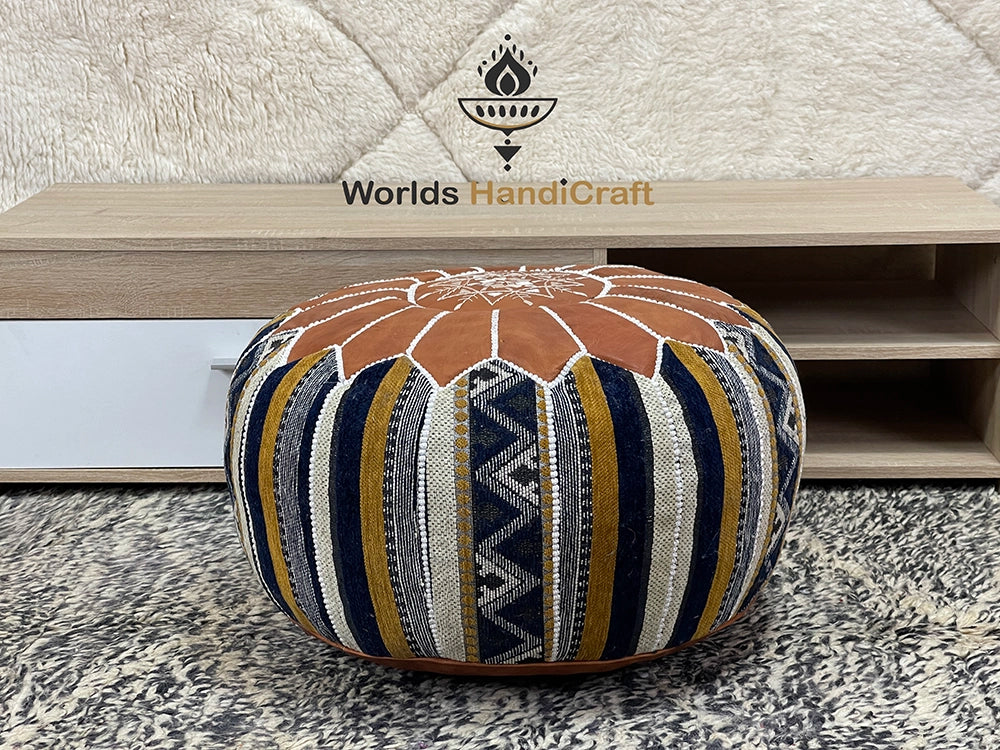 Multi-Colors Tissu Leather Moroccan Pouf : Multi-Colored Leather Pouf