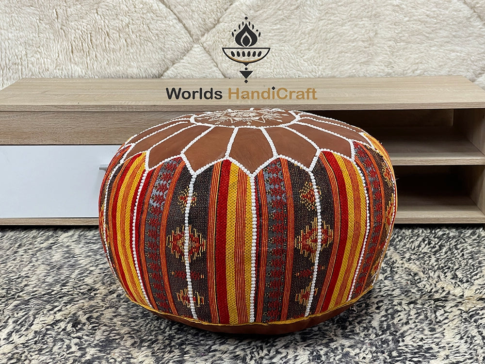 Yellow Genuine Leather Tissu Moroccan Pouf : Decorative Leather Pouf