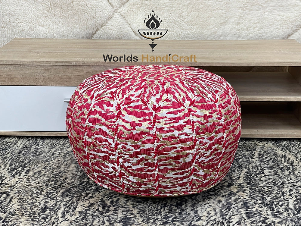 Red Tissu Moroccan Leather Pouf : Artisanal Leather Pouf