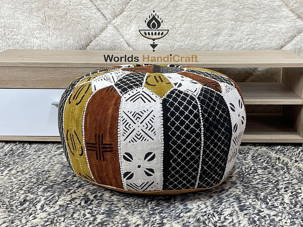 Moroccan Pouf Leather Colored Black White : Ethnic Leather Pouf