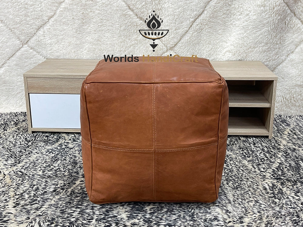 Brown Leather Pouf Ottoman Square : Minimalist Leather Pouf