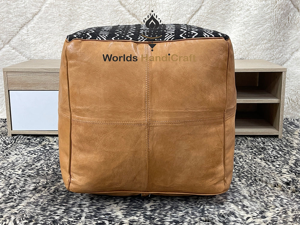 Brown Leather Square Ottoman Living Room : Soft Leather Pouf