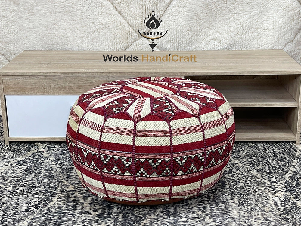 Moroccan Red MultiColor Tissu Leather Floor Pouf Ottoman : Leather Pouf Pillow