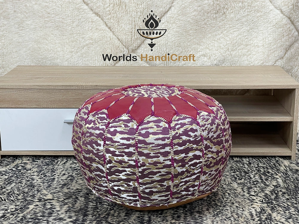 Tissu Leather Red Moroccan pouf : Tan Leather Pouf