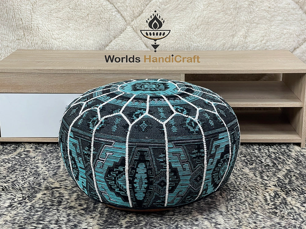 Moroccan Blue Tissu Leather Pouf In Living Room : Leather Floor Cushion