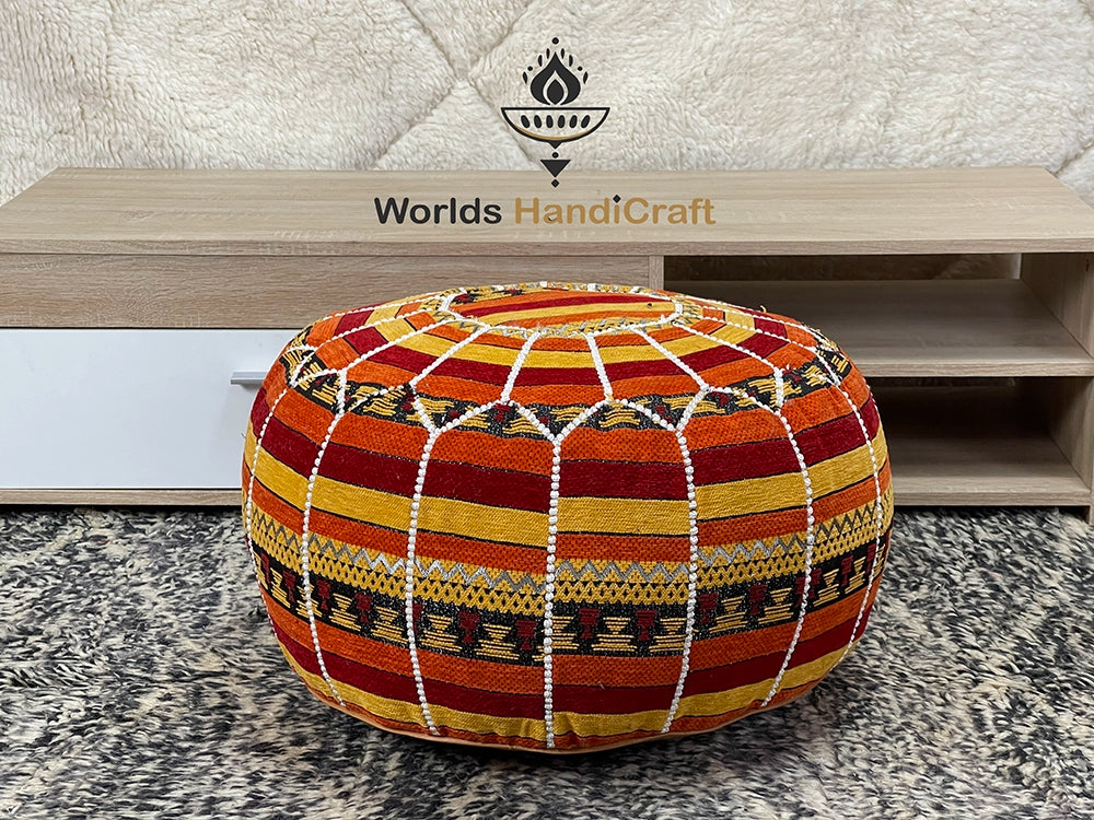 Orange Tissue Leather Ottoman For Sale : Tufted Leather Pouf