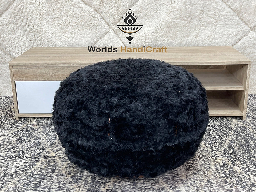 Black Leather Tissue Pouf : Handmade Leather Pouf