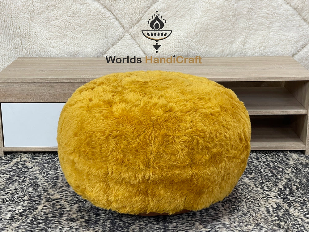 Yellow Leather Tissue Pouf | Moroccan Yellow Leather Pouf