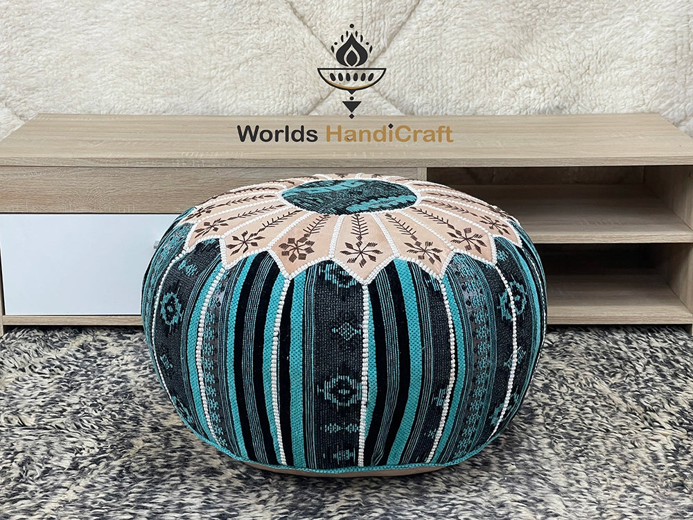 Blue Tissu Genuine Leather Moroccan embroidered  Leather Pouf : Pouf Ottoman