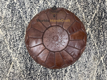 Embroidered  Chokolate Moroccan Leather Pouf : Leather Ottoman