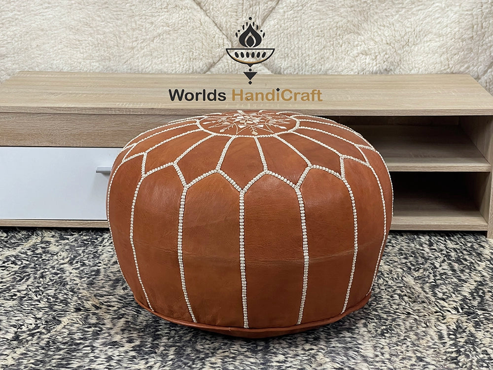 Light Brown Leather Pouf Chair : Handcrafted Leather Pouf