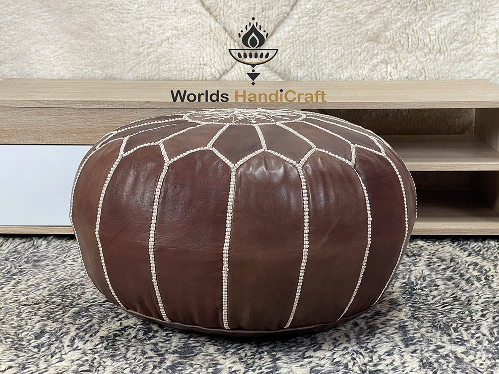 Brown Leather Moroccan Pouffe : Moroccan Leather Ottoman