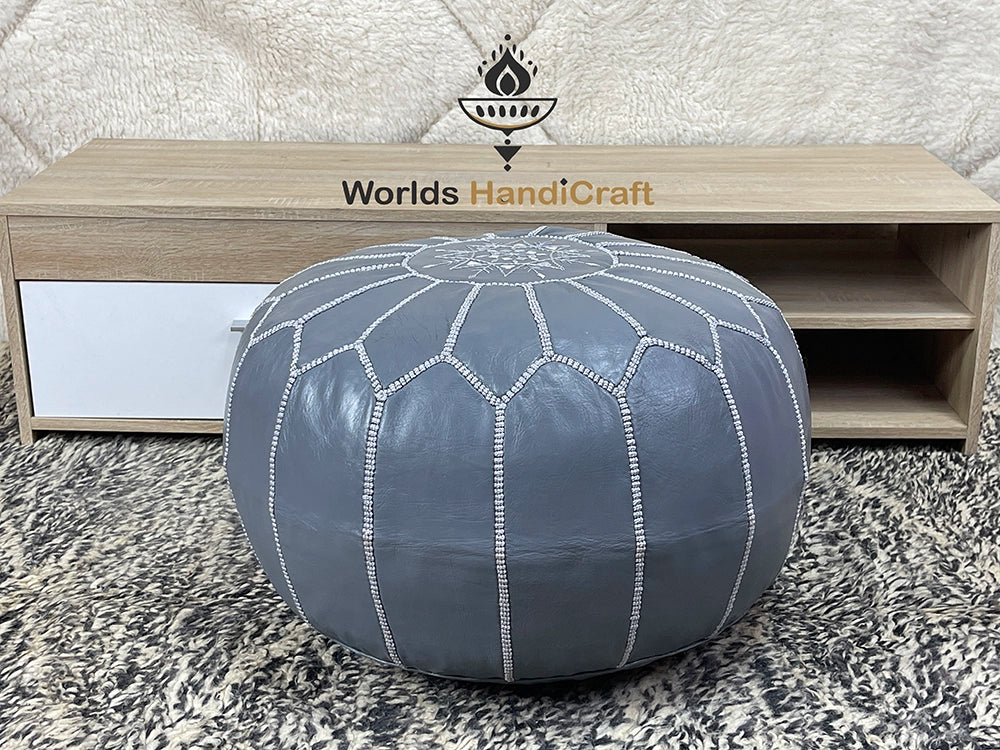 Gray Moroccan Leather Pouf Ottoman : Elegant Leather Pouf