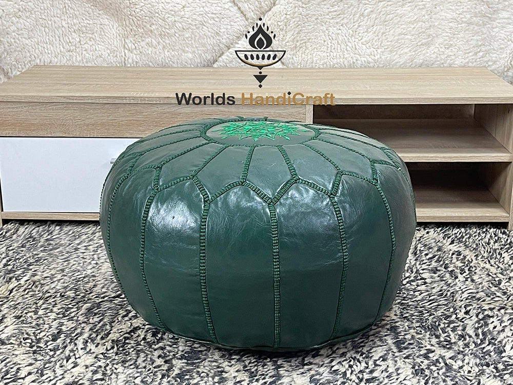 Moroccan Green Leather Pouf : Leather Pouf with Embroidery