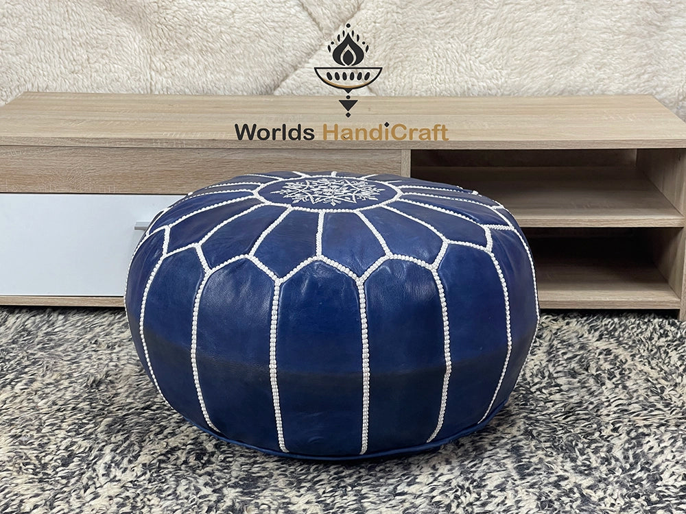 Blue Embroidered Leather Pouf Moroccan