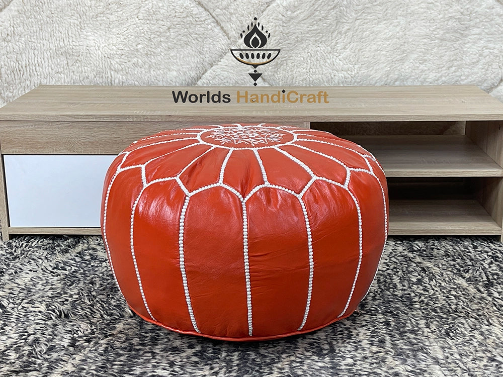 Red Embroidered Leather Moroccan Pouf