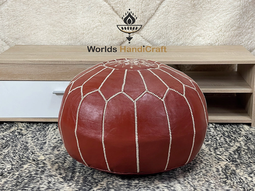 Moroccan Red Leather Pouf : Moroccan Pouf Footrest