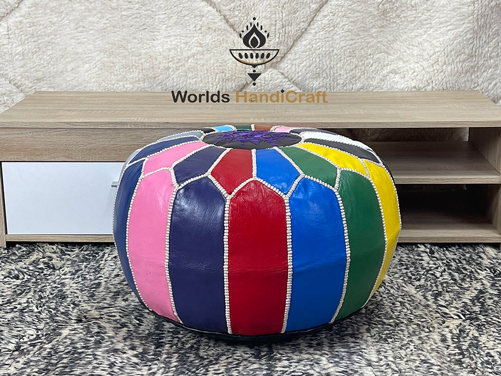 Moroccan Round Leather Tissu Pouf Blue : Durable Leather Pouf