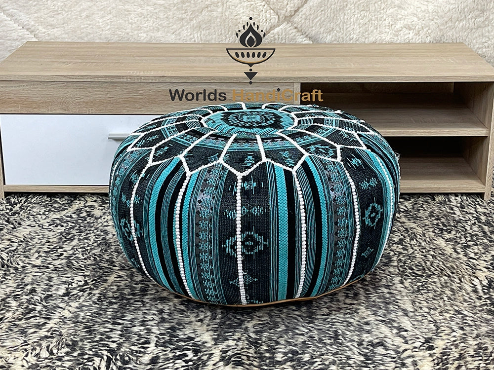 Moroccan Blue Tissu Leather Pouf In Living Room