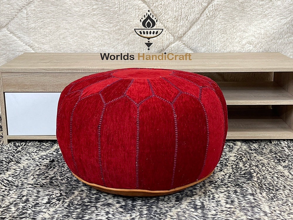 Red Moroccan Leather Pouffe : Leather Pouf Hand-Woven Leather