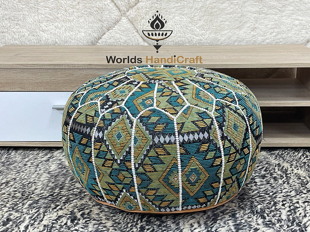 Moroccan Colored Tissu Leather Pouf In Living Room : Leather Pouf Ottoman