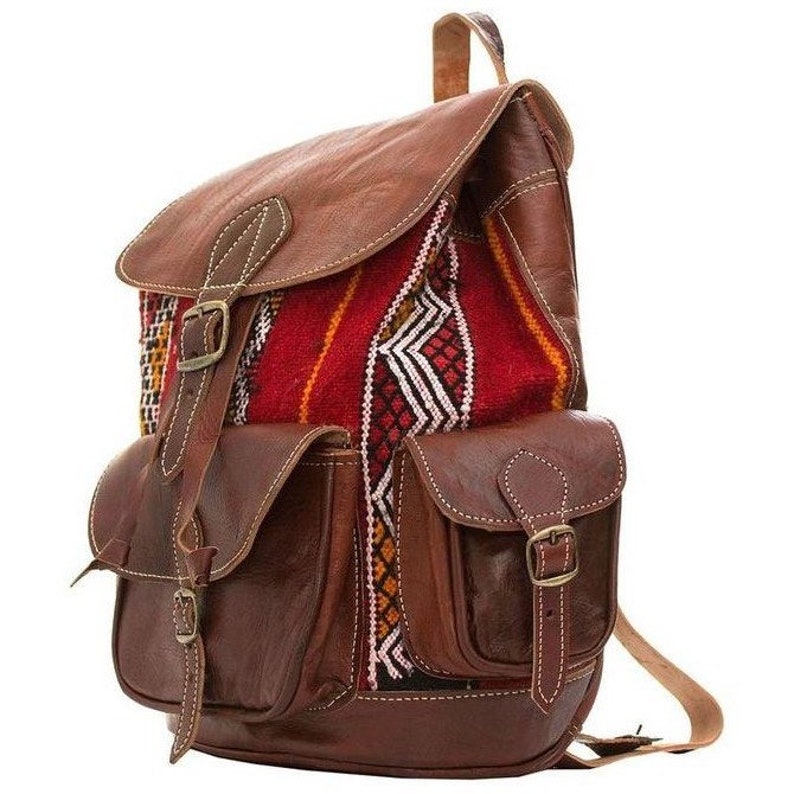 Genuine leather backpack Brown and kilim