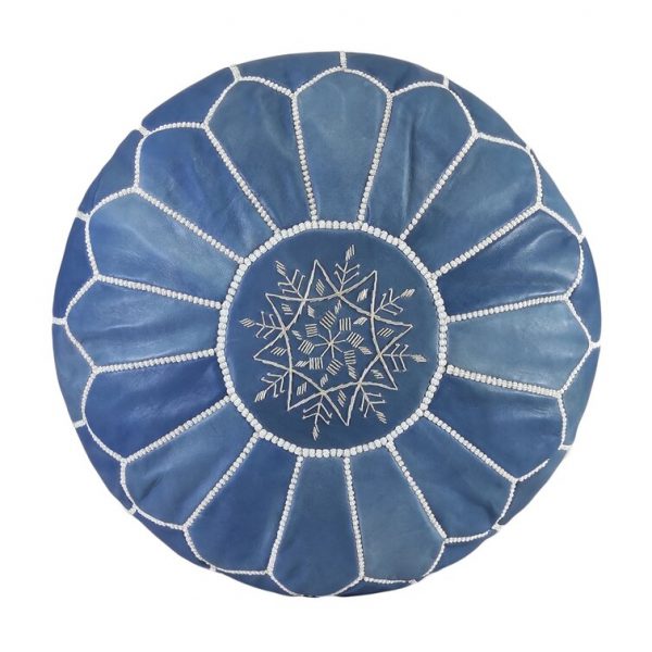 Blue Brown Leather Moroccan Pouf