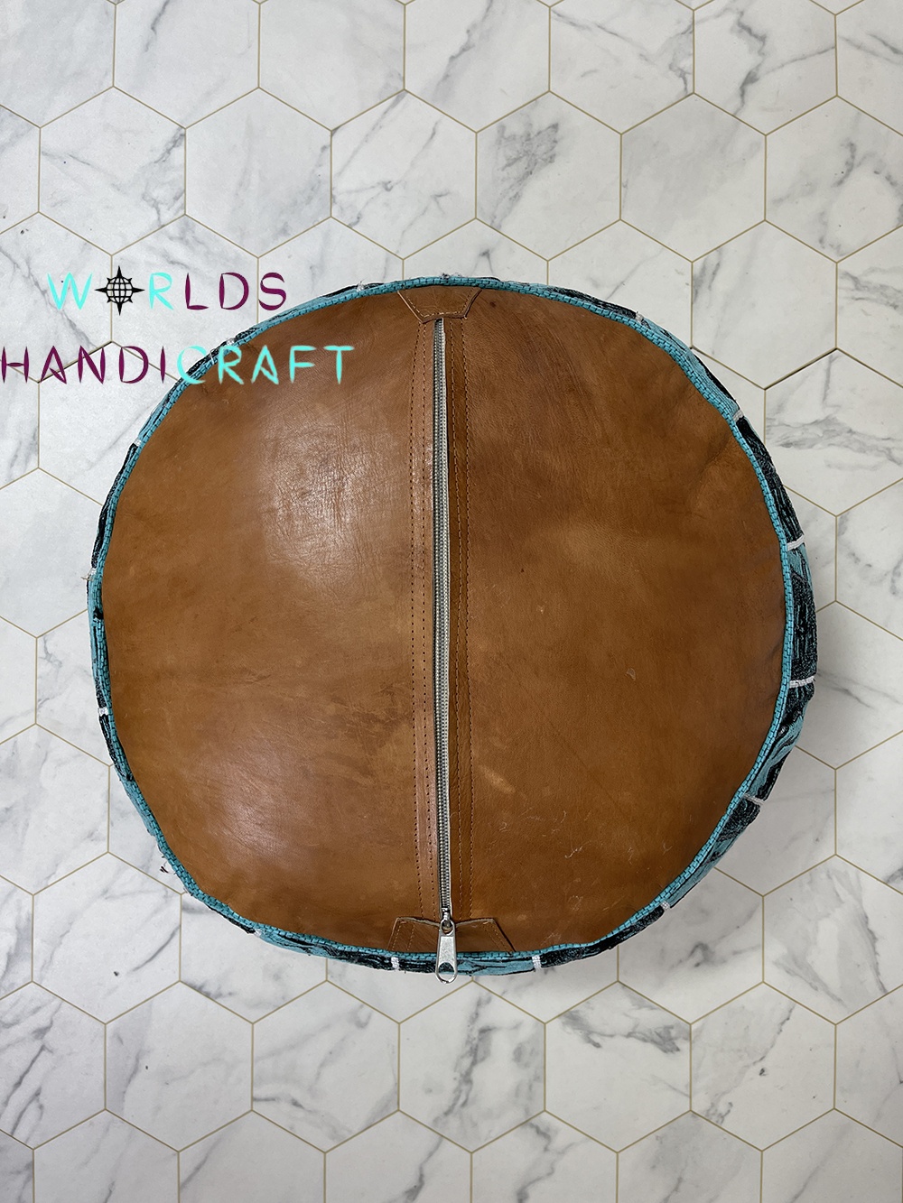 A3 -| Brown/Blue Genuine Leather Moroccan Pouf Leather