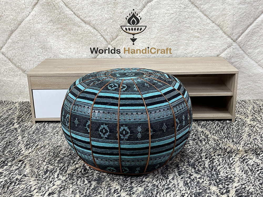 Blue Moroccan Tissu Leather Pouf In Living Room