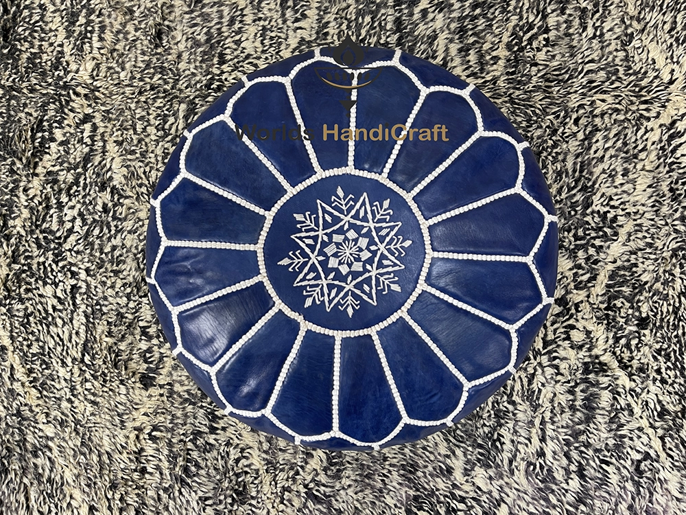 Blue Embroidered Leather Pouf Moroccan