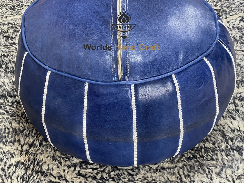 Blue Embroidered Leather Pouf Moroccan