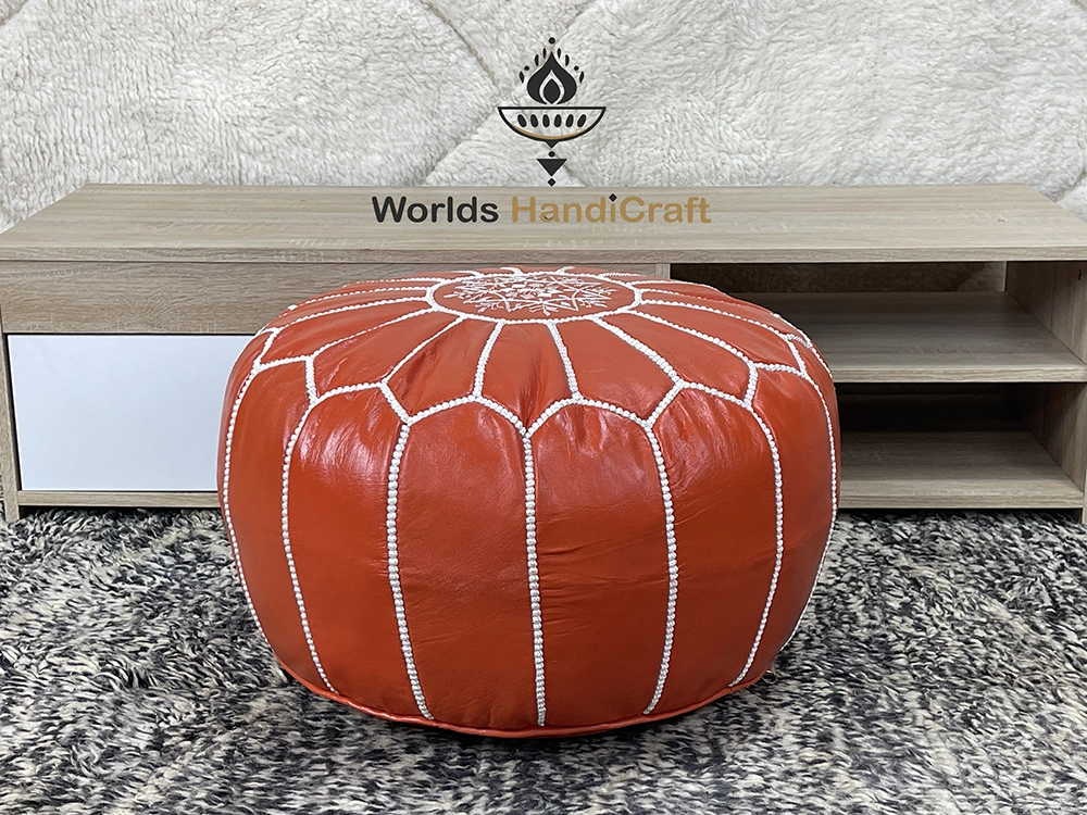 Red  Embroidered Leather Moroccan Pouf