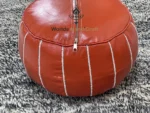Red  Embroidered Leather Moroccan Pouf