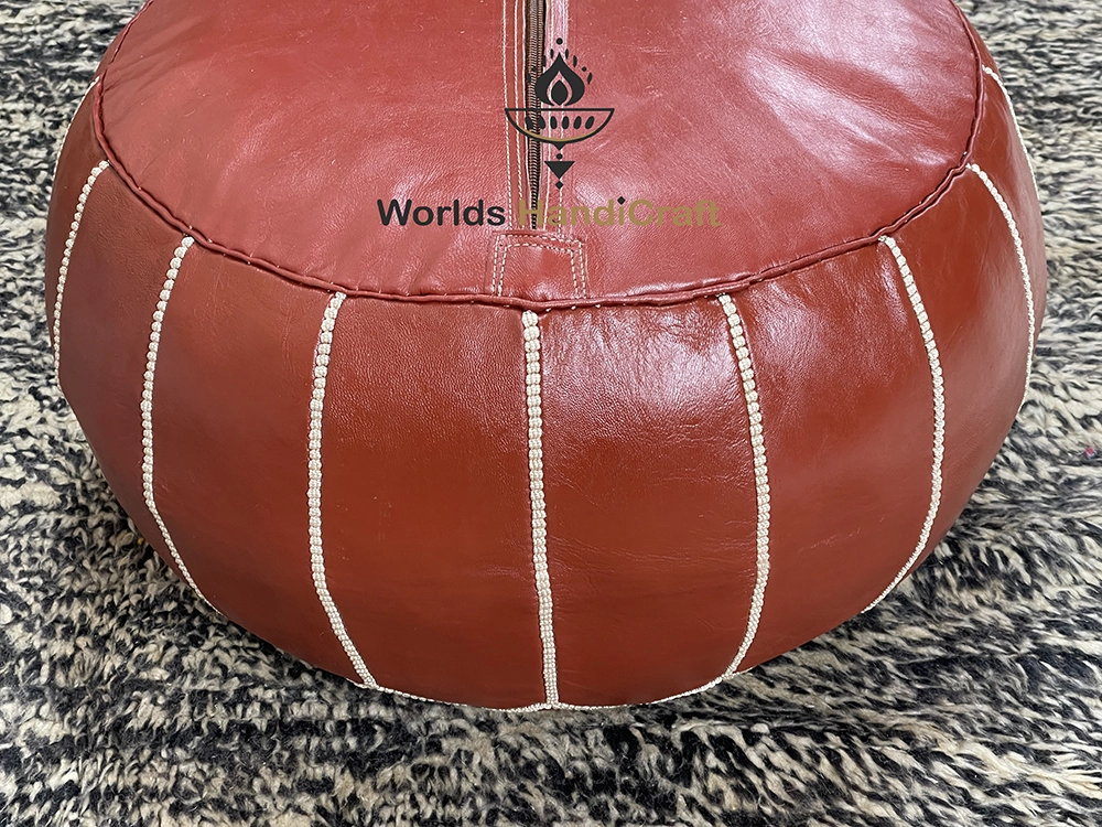 Moroccan Red Leather Pouf