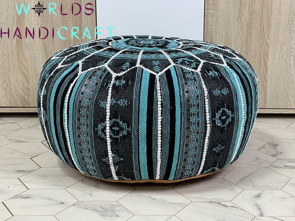 B9 | Blue Moroccan Tissu Leather Pouf In Living Room