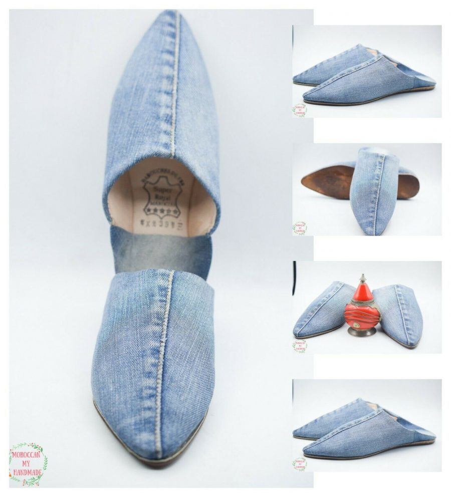 Moroccan Slippers Denim Babouche Tapered Toe Shoe Leather Men Handmade Marrakesh