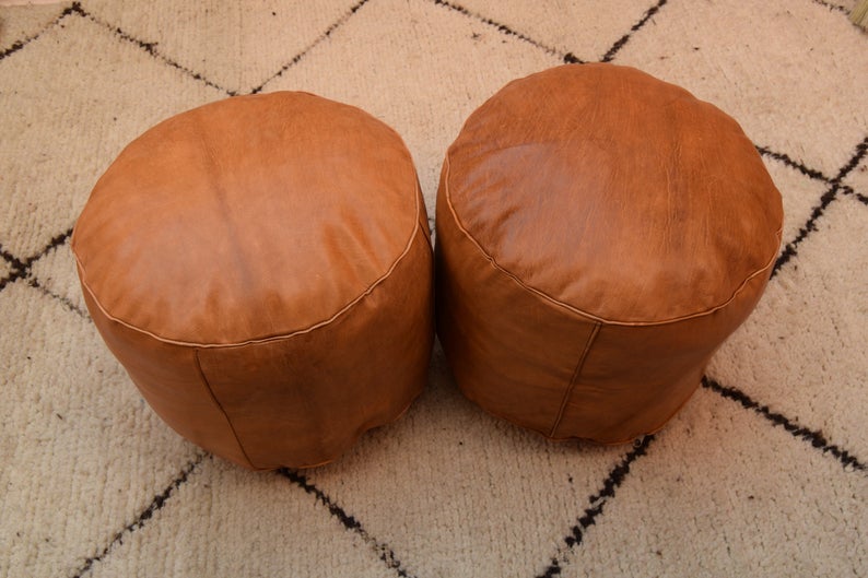 Set 2 Moroccan poufs footstool handmade ottoman gift pouf round leather pouf, ottoman round tan Ottoamn pouf moroccan decor