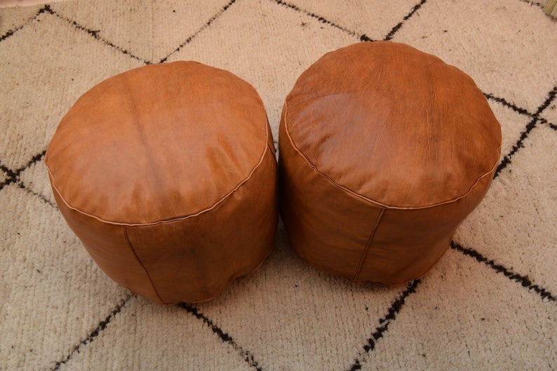 Set 2 Moroccan poufs footstool handmade ottoman gift pouf round leather pouf, ottoman round tan Ottoamn pouf moroccan decor