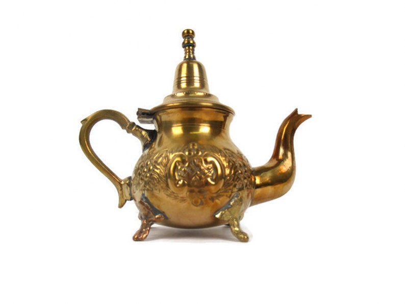 Vintage Moroccan Brass Teapot With Legs, Moroccan Brass Embossed Tea Pot