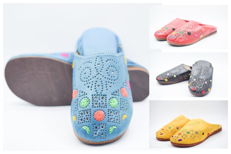 Women leather slipper home, Ethnic Moroccan flat shoe, Comfy sheepskin slide, Casual floral mule, Perforated holes Loafer