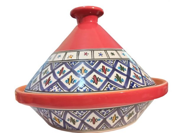 Tagine Hand Made,Painted Ceramic by Artist Naman made for MAGO OF CARTHAGE traditional Design of the Mediterranean island Djerba.