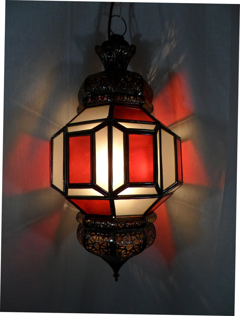 Moroccan Aged Metal/Stained Glass Pendant Light/