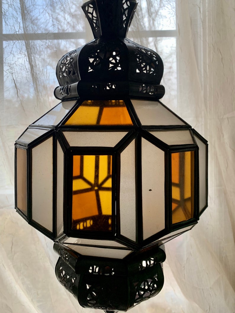 Moroccan Aged Metal/Stained Glass Pendant Light/